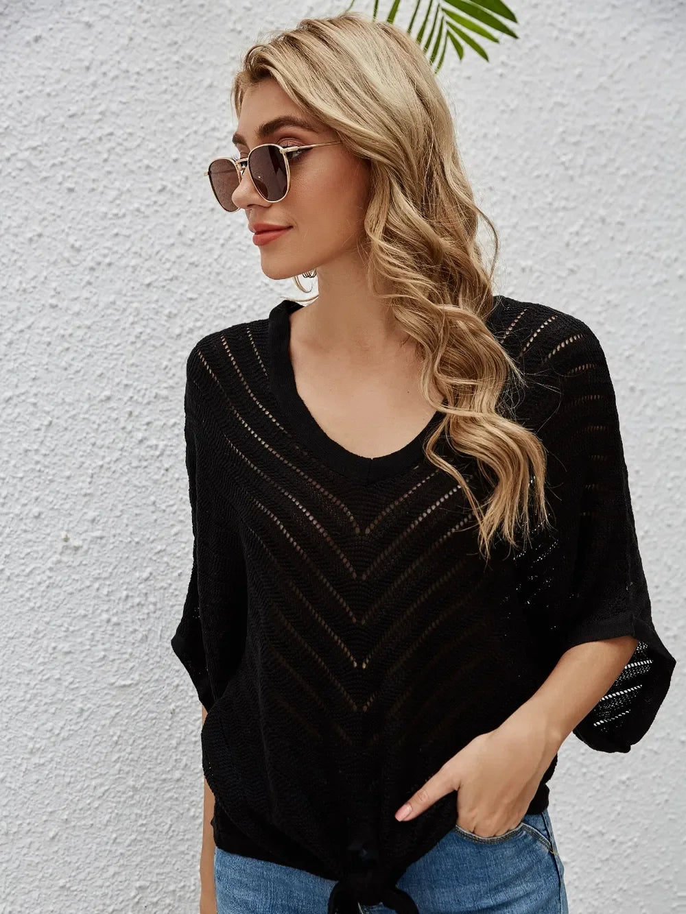 Openwork Batwing Sleeve Cover-Up Stretch Fabric - Southern Shores Clothing