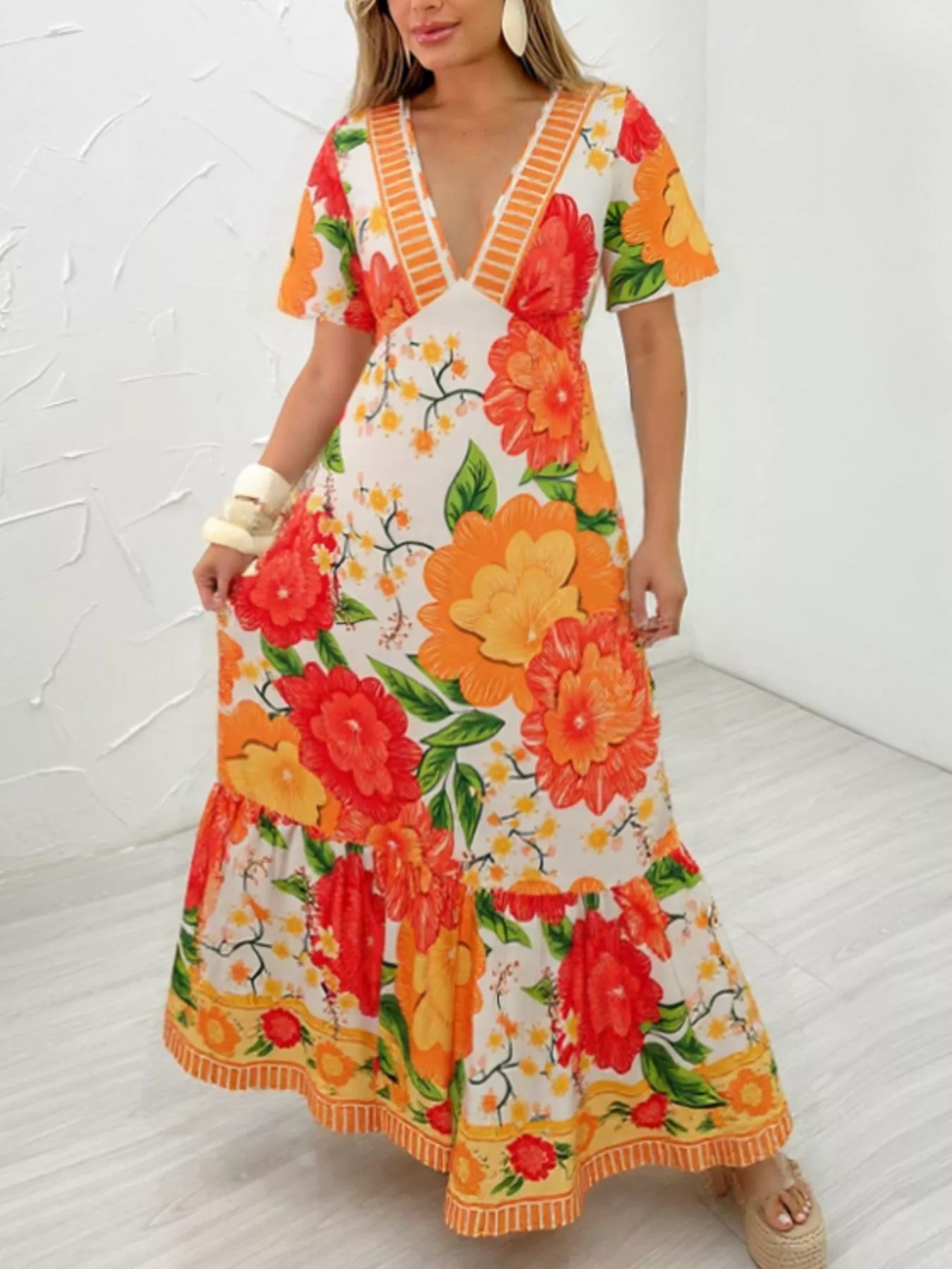 Floral Print V-Neck Maxi Dress Lightweight