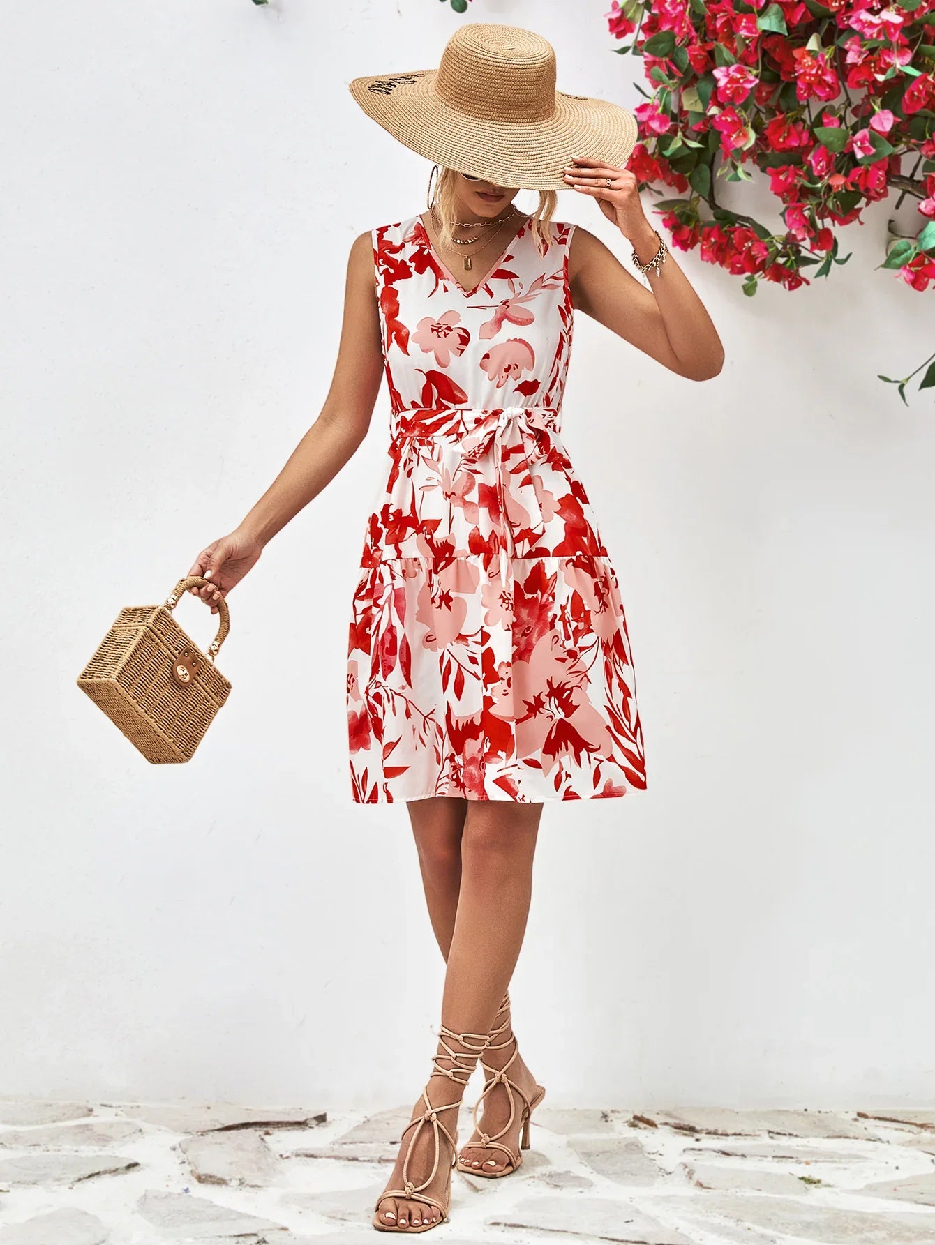 Floral V-Neck Tie Waist Sleeveless Dress - Southern Shores Clothing