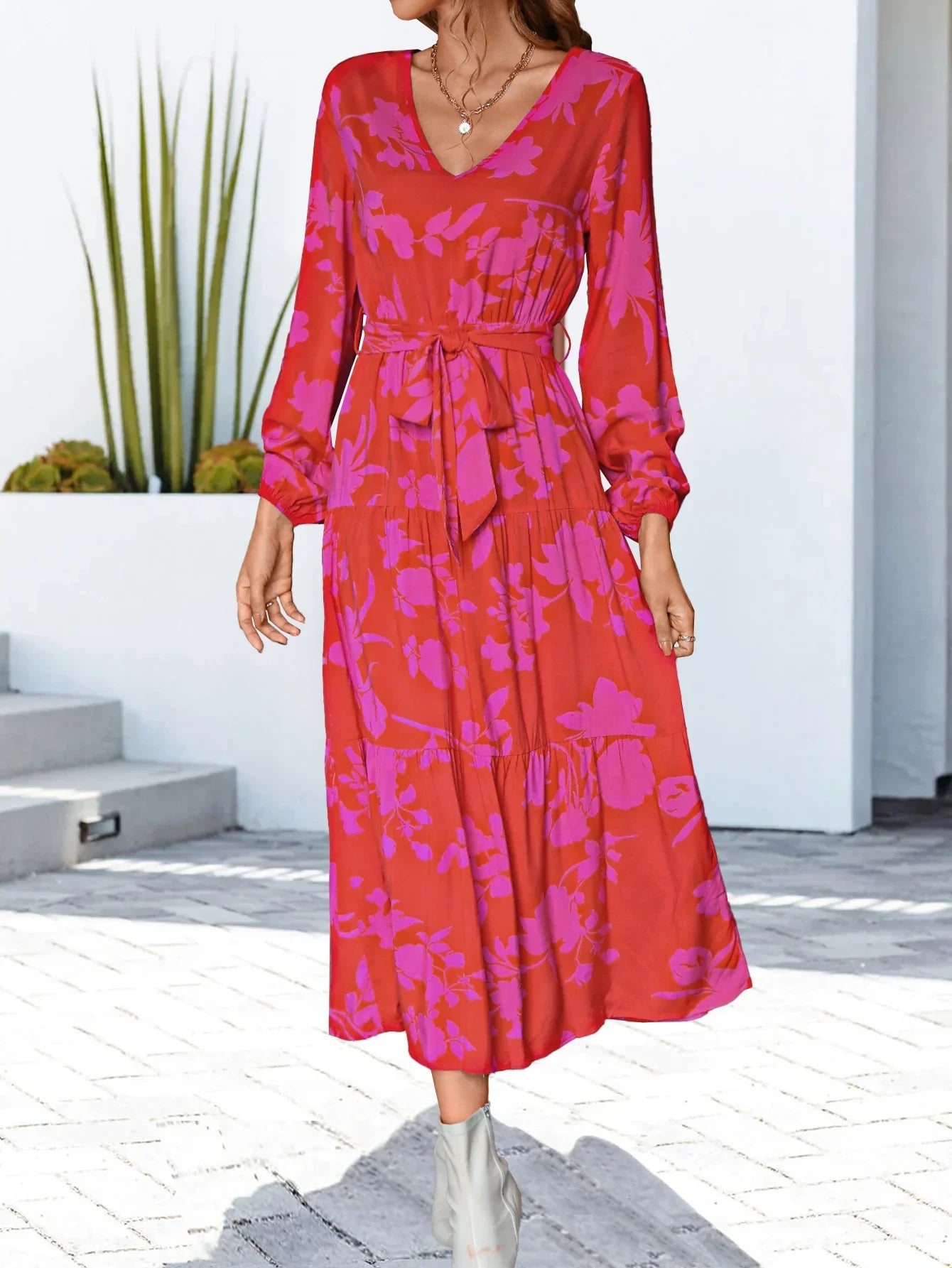 Floral V-Neck Long Sleeve Dress - Southern Shores Clothing