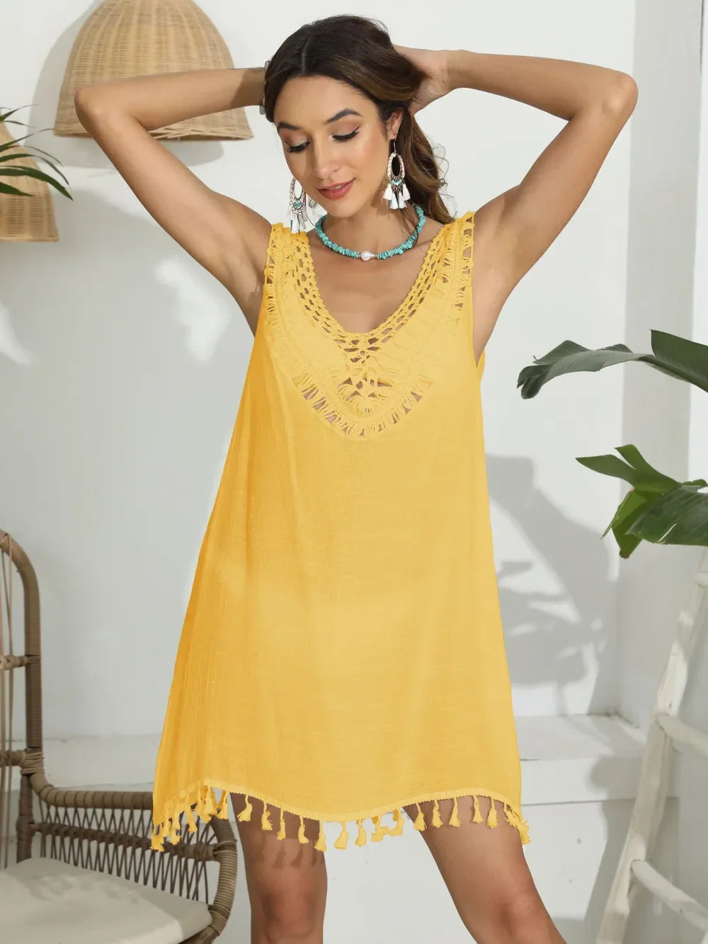 Tassel Cutout Scoop Neck Wide Strap Cover Up One Size - Southern Shores Clothing
