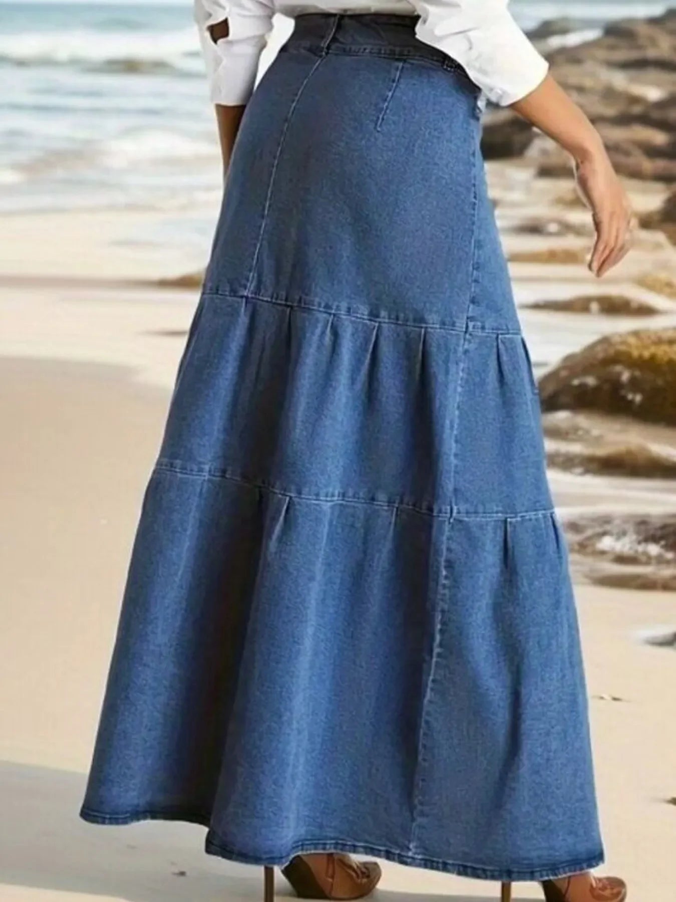 Long Tiered Maxi Denim Skirt With Zipper Detail - Southern Shores Clothing