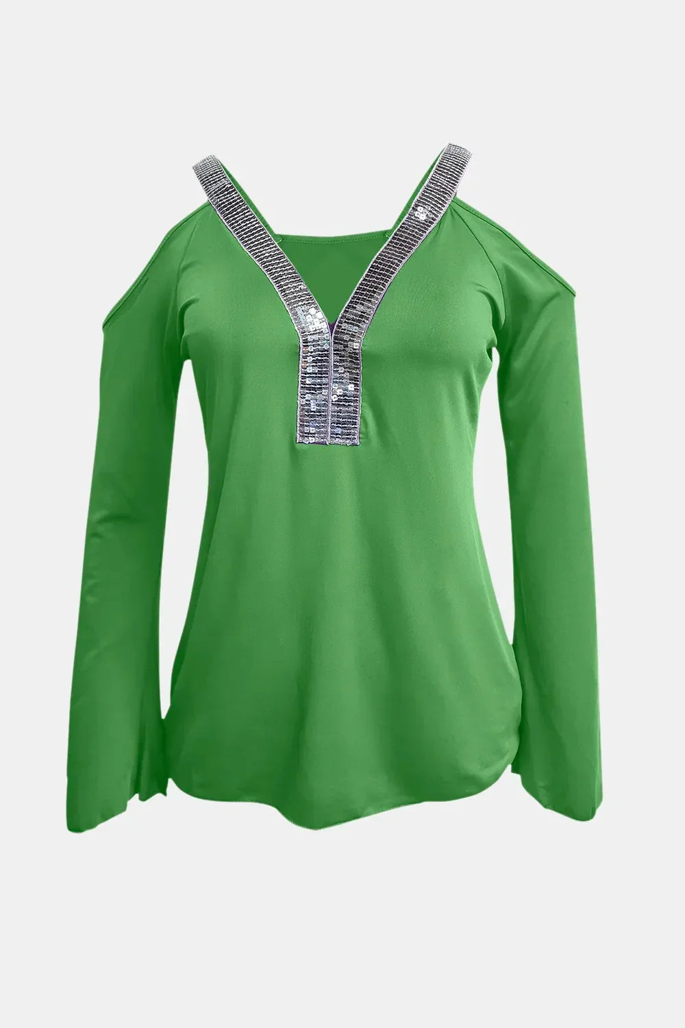 Sequin V-Neck Cold Shoulder Top With Stretchy Fabric - Southern Shores Clothing