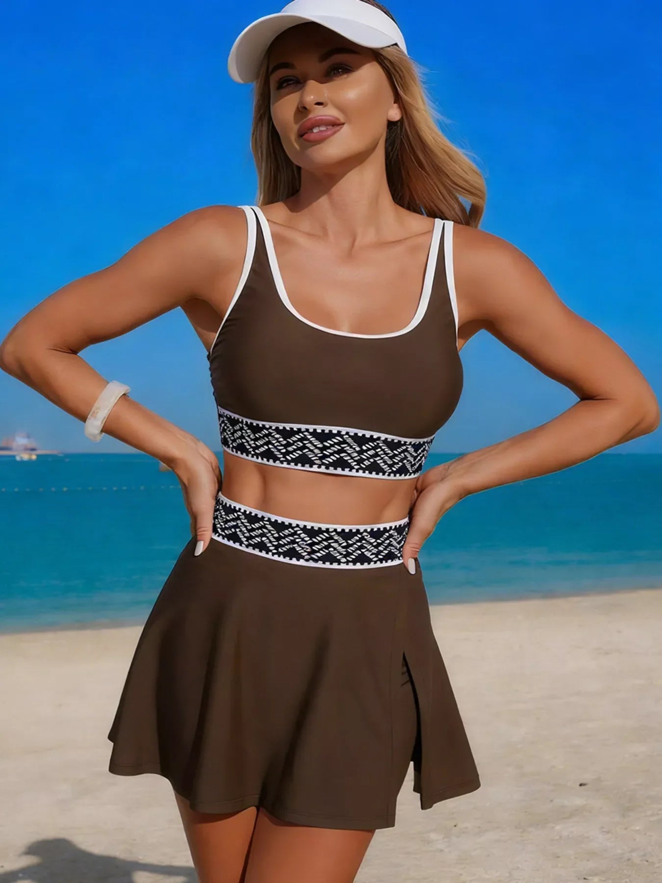 Two Piece Contrast Trim Tank And Skort Swim Set With Pads - Southern Shores Clothing