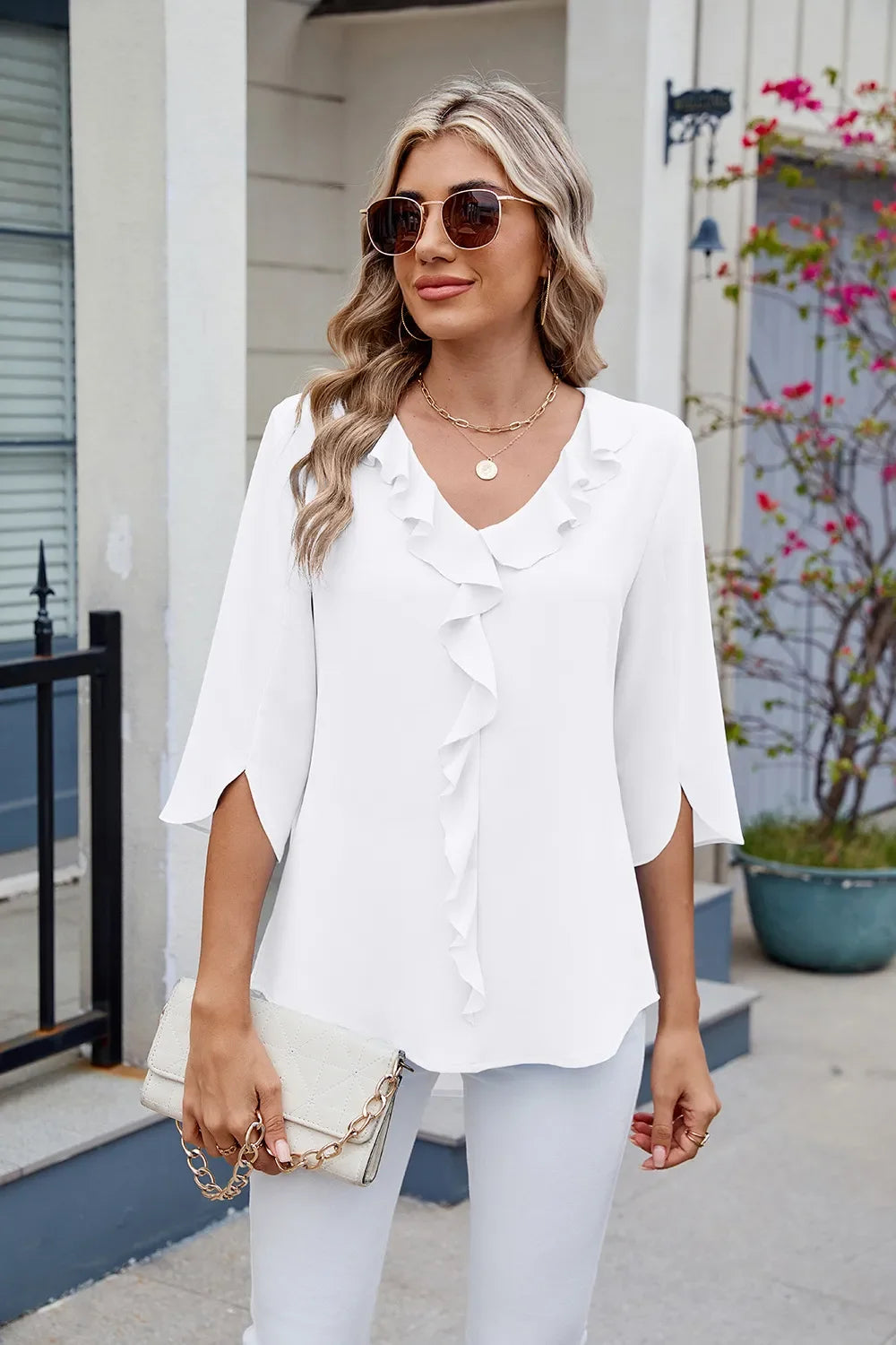 Ruffled Polyester V-Neck Blouse With Three-Quarter Sleeve - Southern Shores Clothing