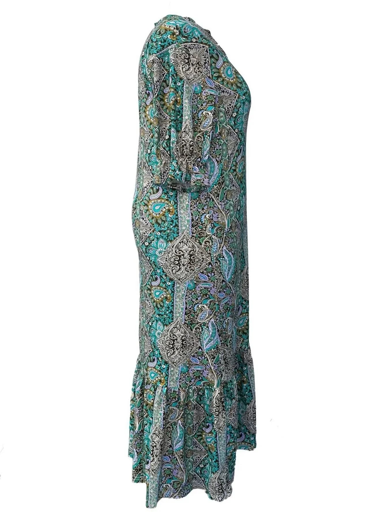 Bohemian Paisley Print Midi Dress With Ruffle Hem Long Sleeve - Southern Shores Clothing