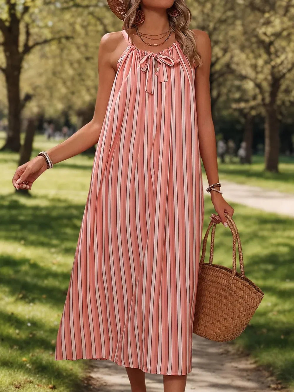 Striped Tie Neck Midi Cami Dress With Adjustable Fit And Flowy - Southern Shores Clothing