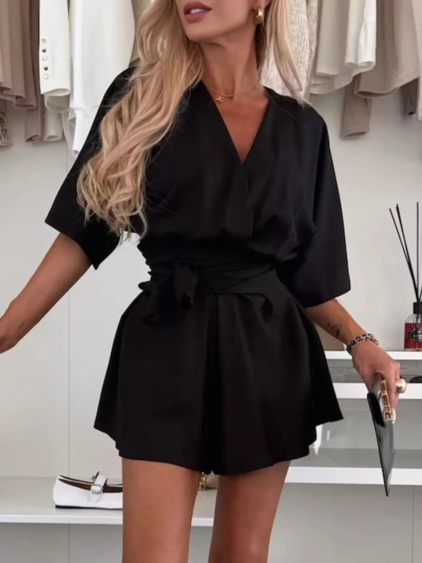 Belted Surplice Tie Waist Stretch Knit Romper - Southern Shores Clothing