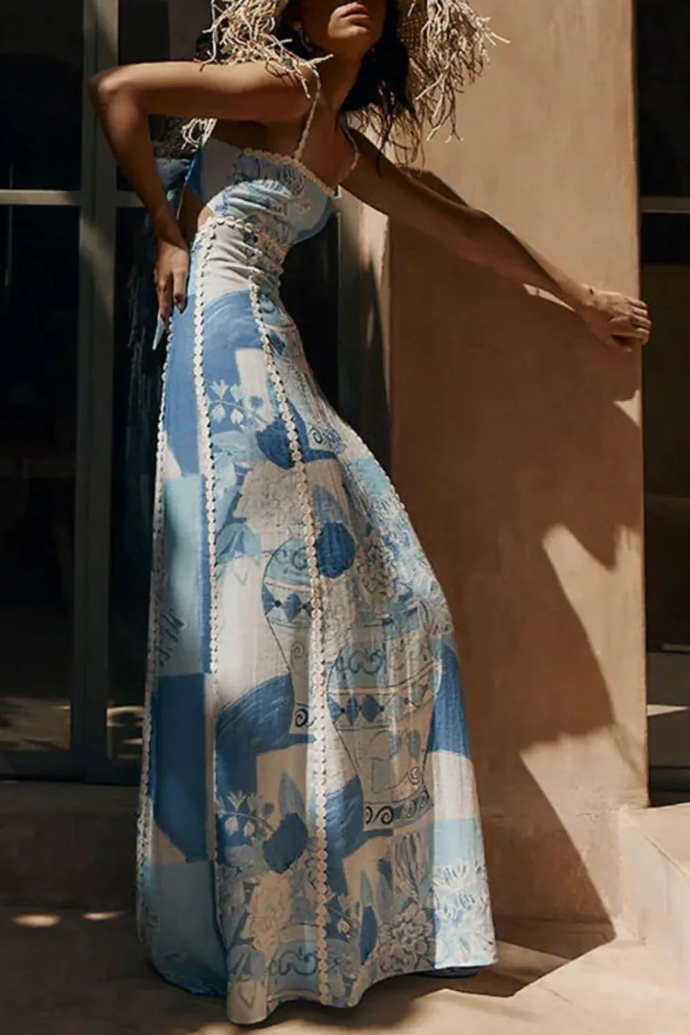 Boho Patchwork Printed Square Neck Maxi Dress With Cutout Back - Southern Shores Clothing