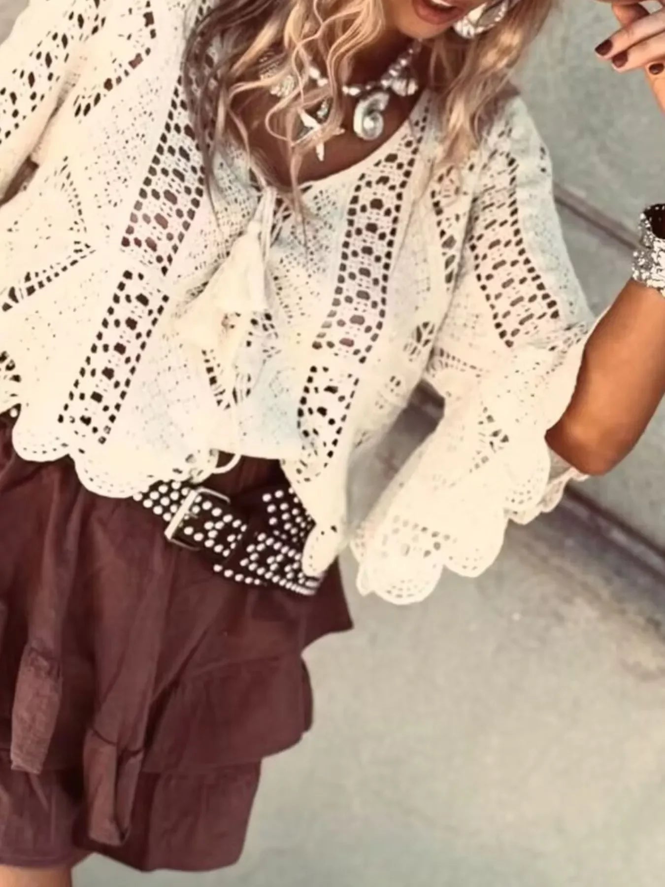 Lace Tassel V-Neck Crochet Knit Top With Openwork Boho Style - Southern Shores Clothing