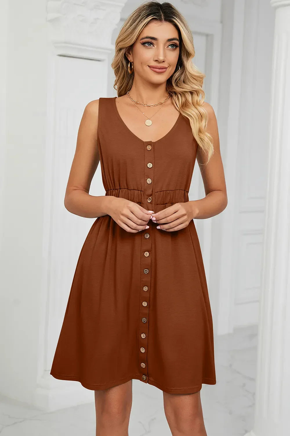 Buttoned Wide Strap Mini Dress - Southern Shores Clothing