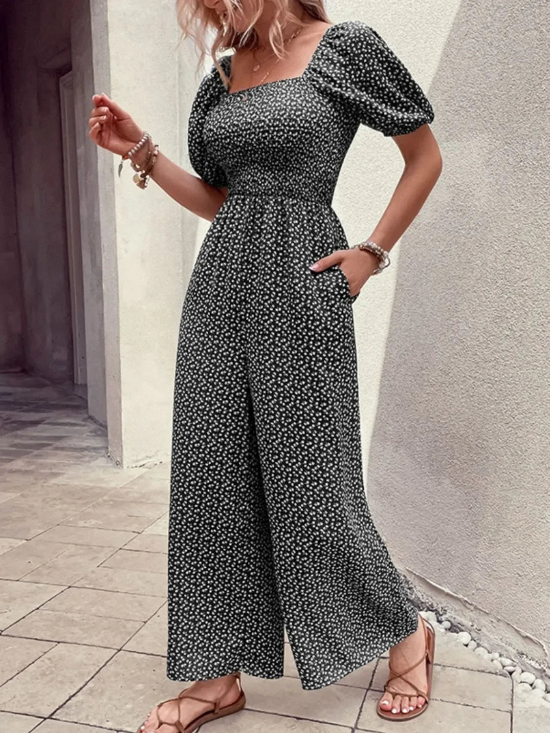 Printed Square Neck Puff Sleeve Jumpsuit - Southern Shores Clothing