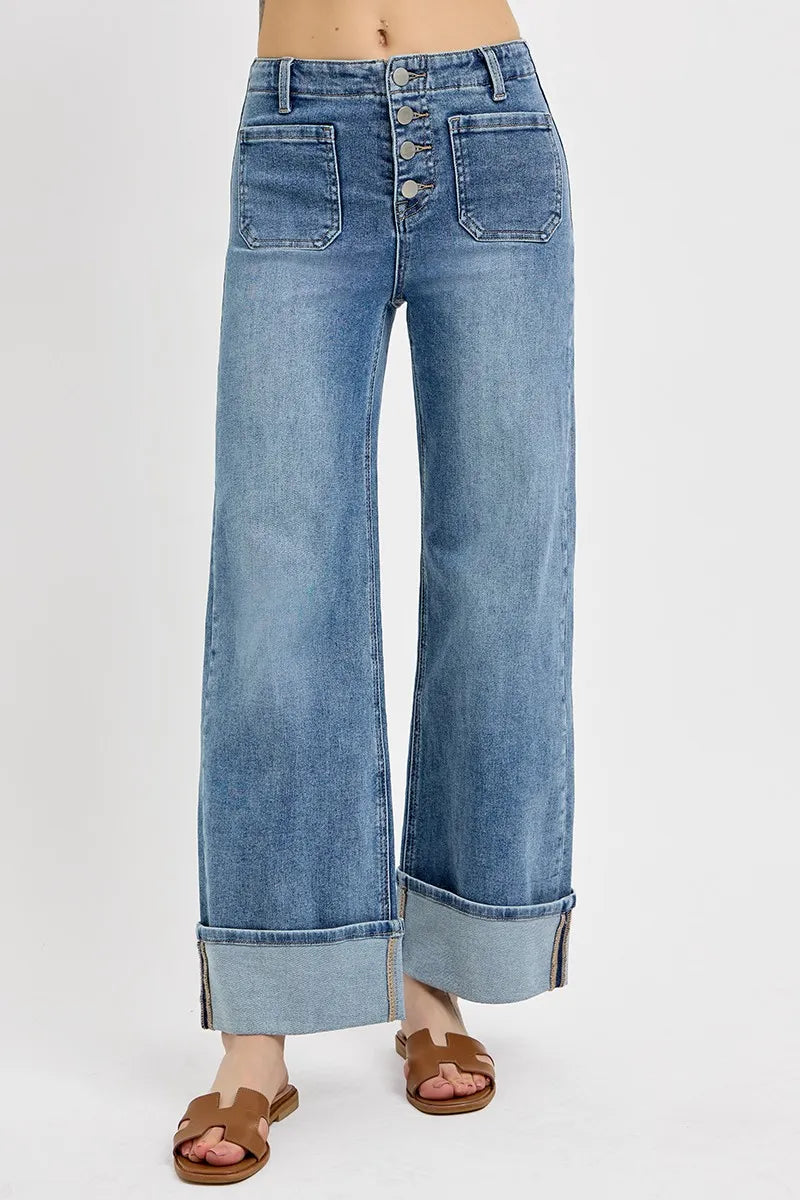 Coastal Risen High Rise Ankle Wide Button Patch Pocket Cuffed Jeans