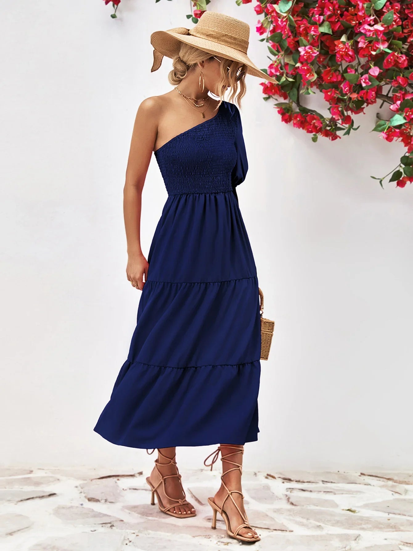 Smocked One-Shoulder Midi Dress Silhouette - Southern Shores Clothing