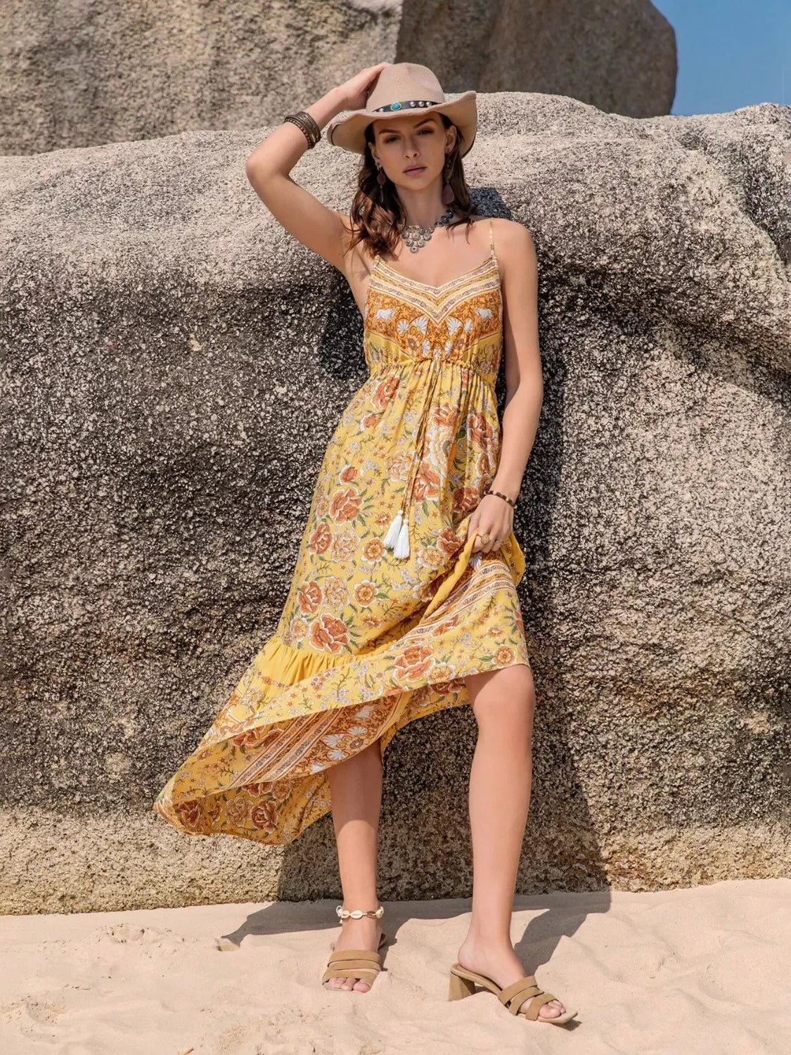 Tassel Printed Tiered Cami Dress Floral Print Boho Style - Southern Shores Clothing