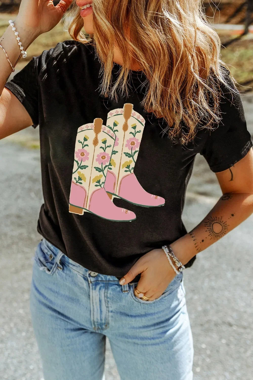Floral Cowgirl Boots Graphic Tee With Stretchy Fabric - Southern Shores Clothing