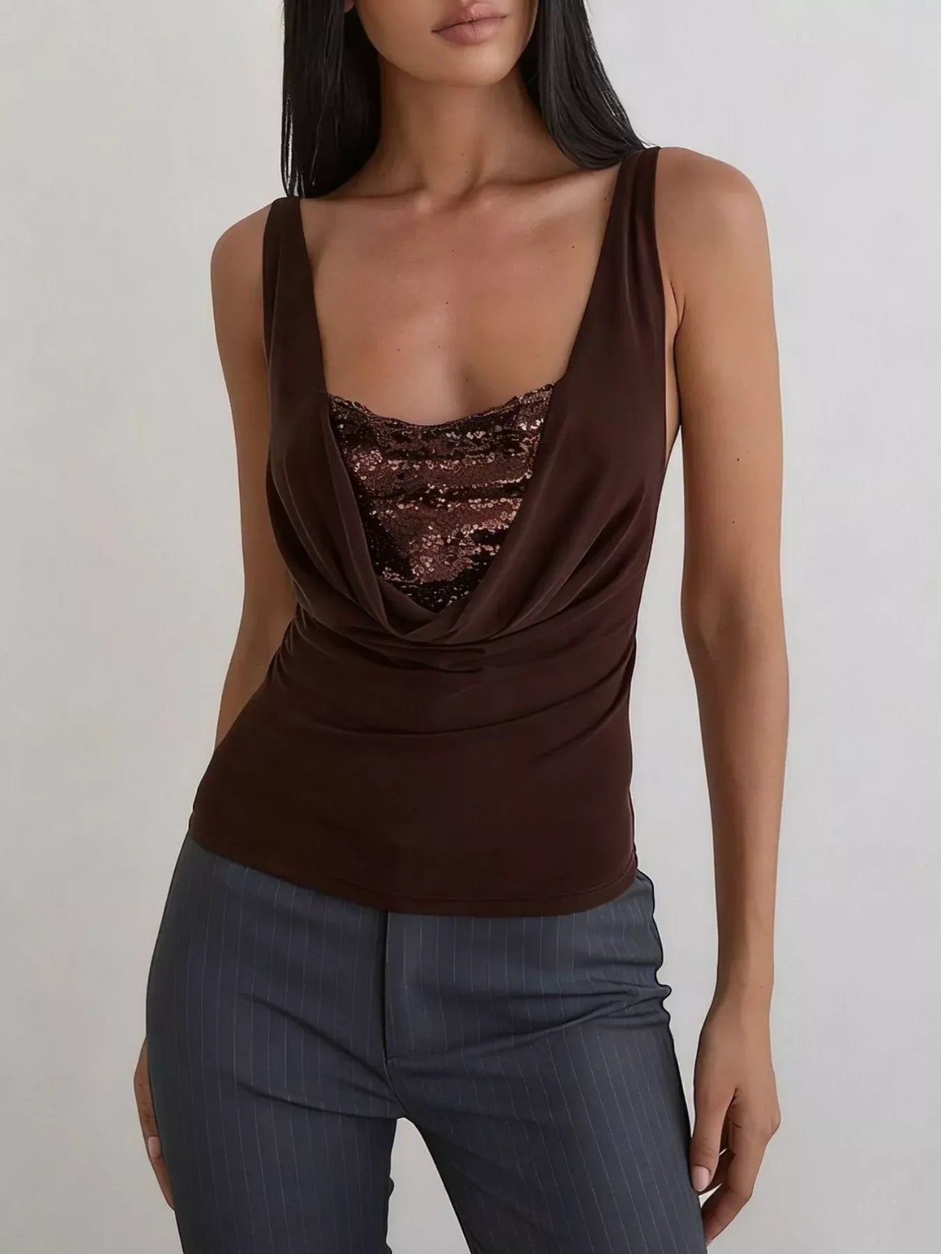 Sequin Detail Ruched Tank Top With Draped Front Stretchy Knit - Southern Shores Clothing