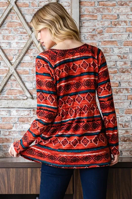 Long Sleeve Geometric Babydoll Top With Button Details - Southern Shores Clothing