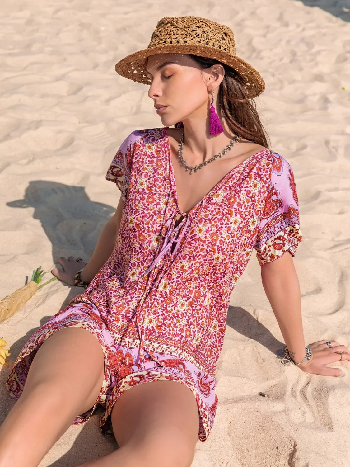 Floral Print V-Neck Short Sleeve Romper With Tie Front Details - Southern Shores Clothing