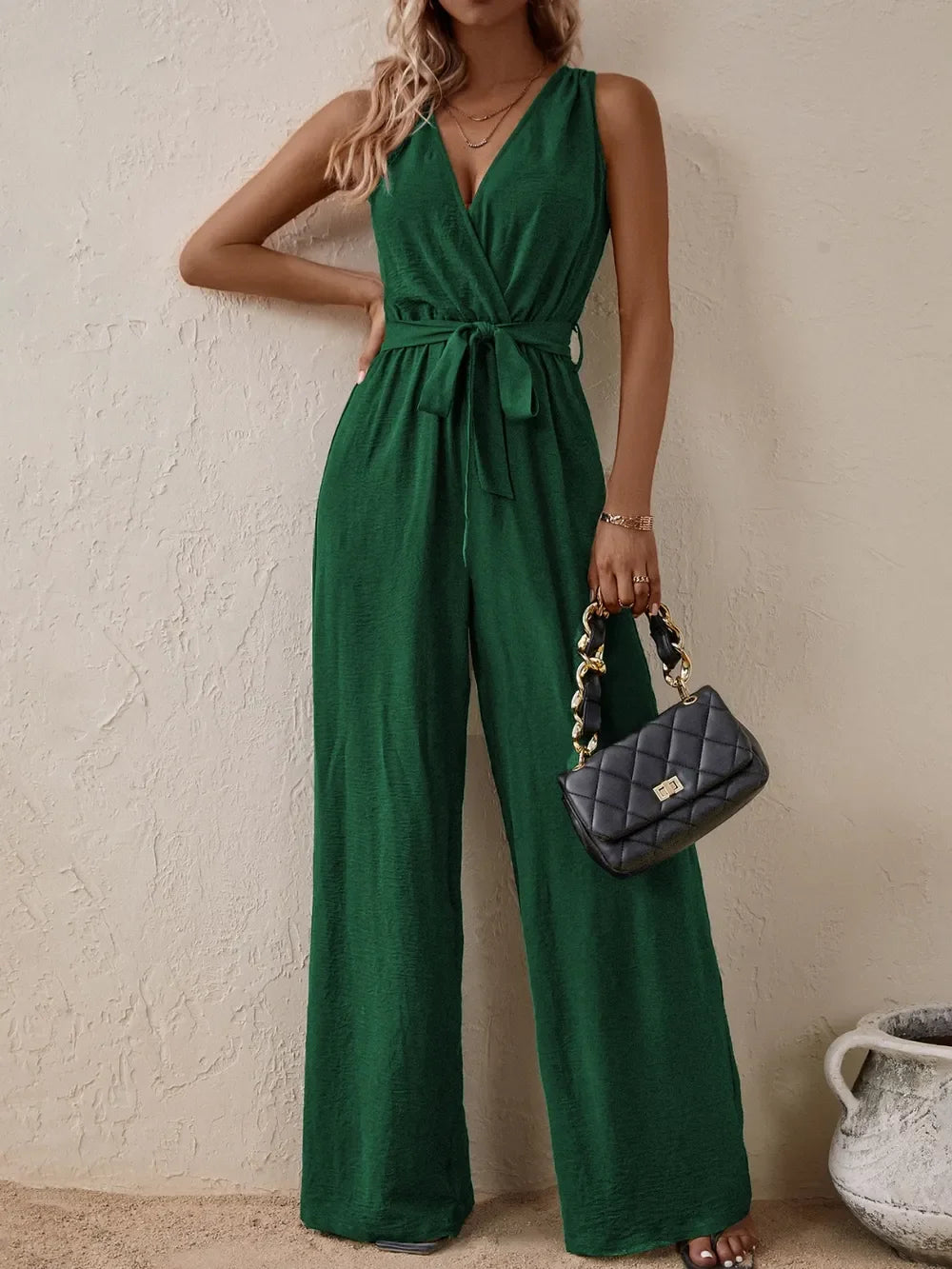 Tied Surplice Sleeveless Wide Leg Jumpsuit - Southern Shores Clothing
