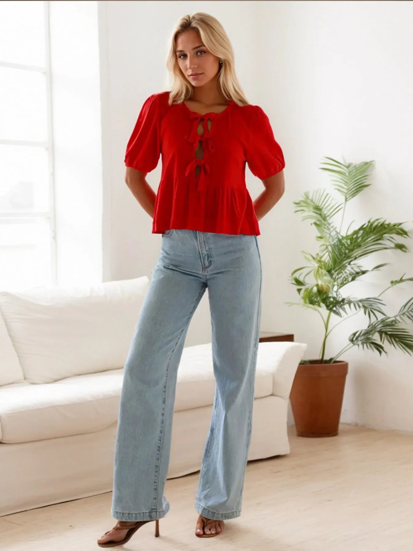 Southern Shores Clothing Tie-Front Design Short Sleeve Blouse Made From 100 Percent Polyester Fabric For Versatile Outfits - Southern Shores Clothing