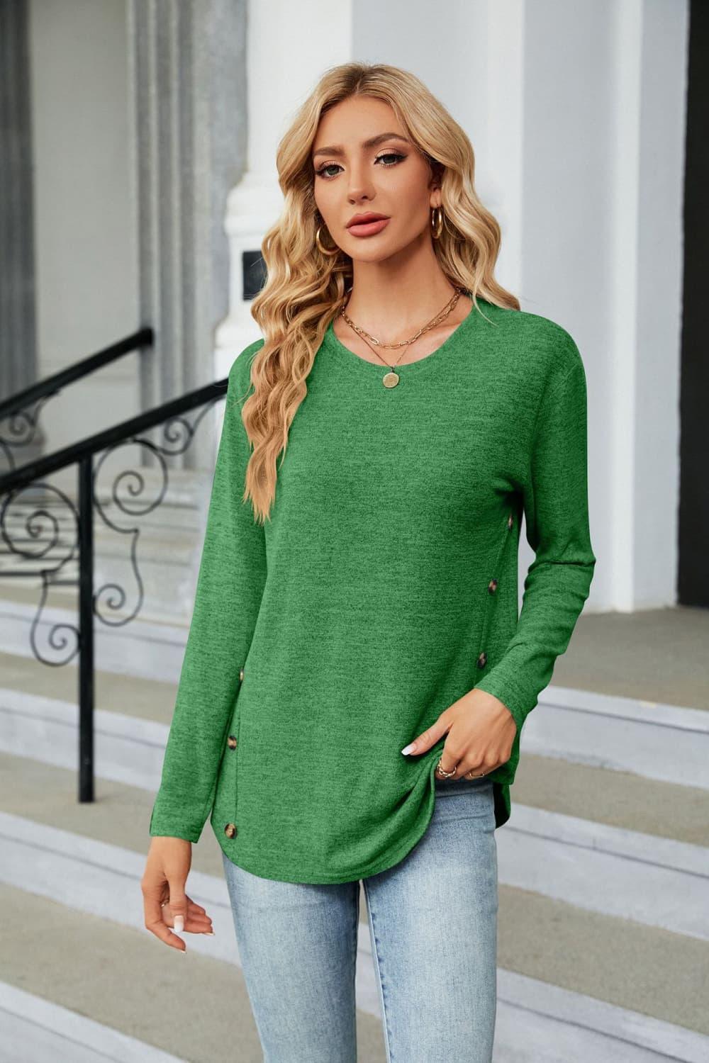 Round Neck Long Sleeve T Shirt With Button Detail - Southern Shores Clothing