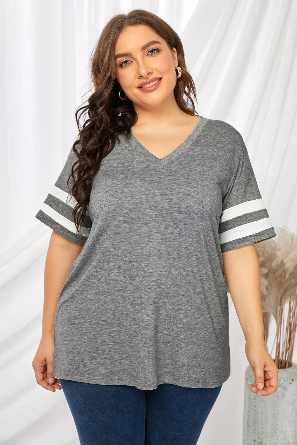 Plus Size Striped V-Neck Short Sleeve T-Shirt - Southern Shores Clothing