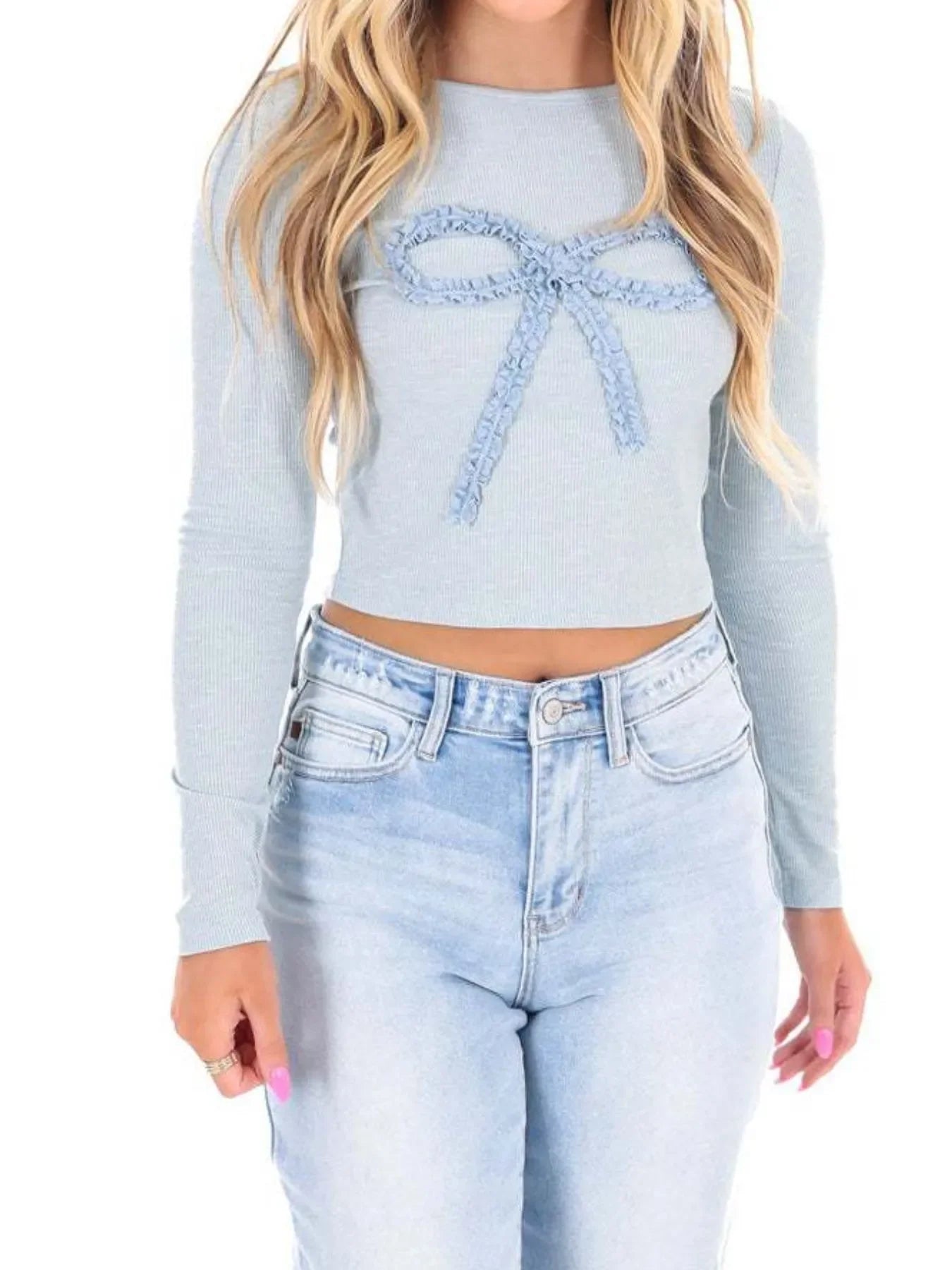 Fitted Long Sleeve Bow Design Stretch T Shirt - Southern Shores Clothing
