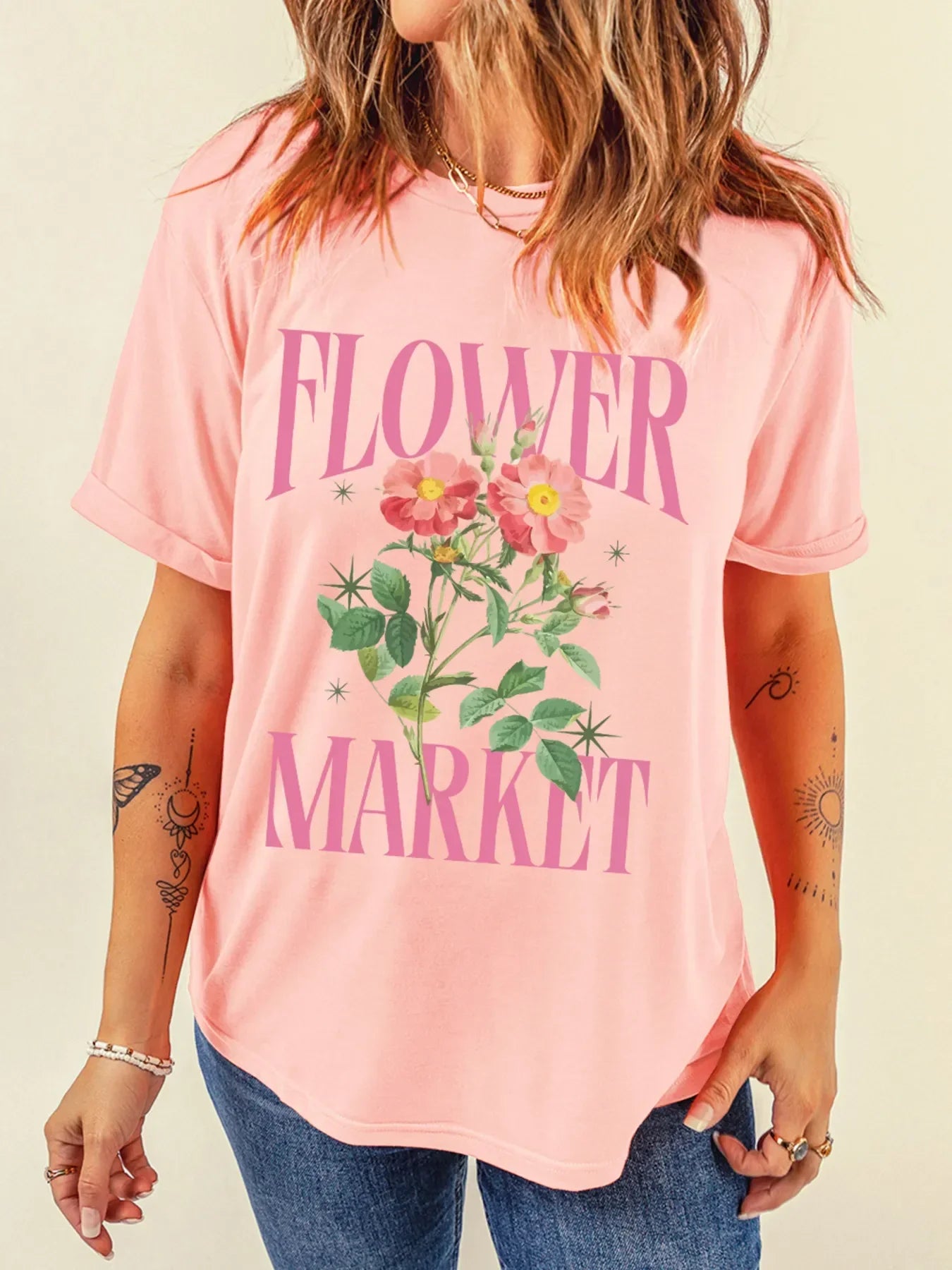 Flower Market Graphic Crewneck T Shirt With Stretch Fabric - Southern Shores Clothing