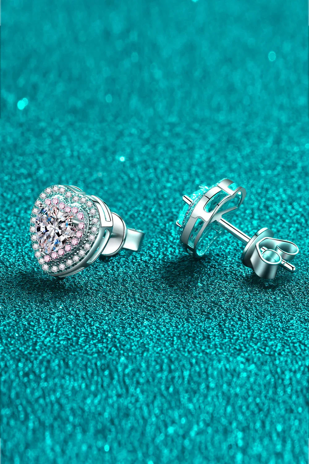 Moissanite Heart-Shaped Stud Earrings With Pink Zircon Halo - Southern Shores Clothing