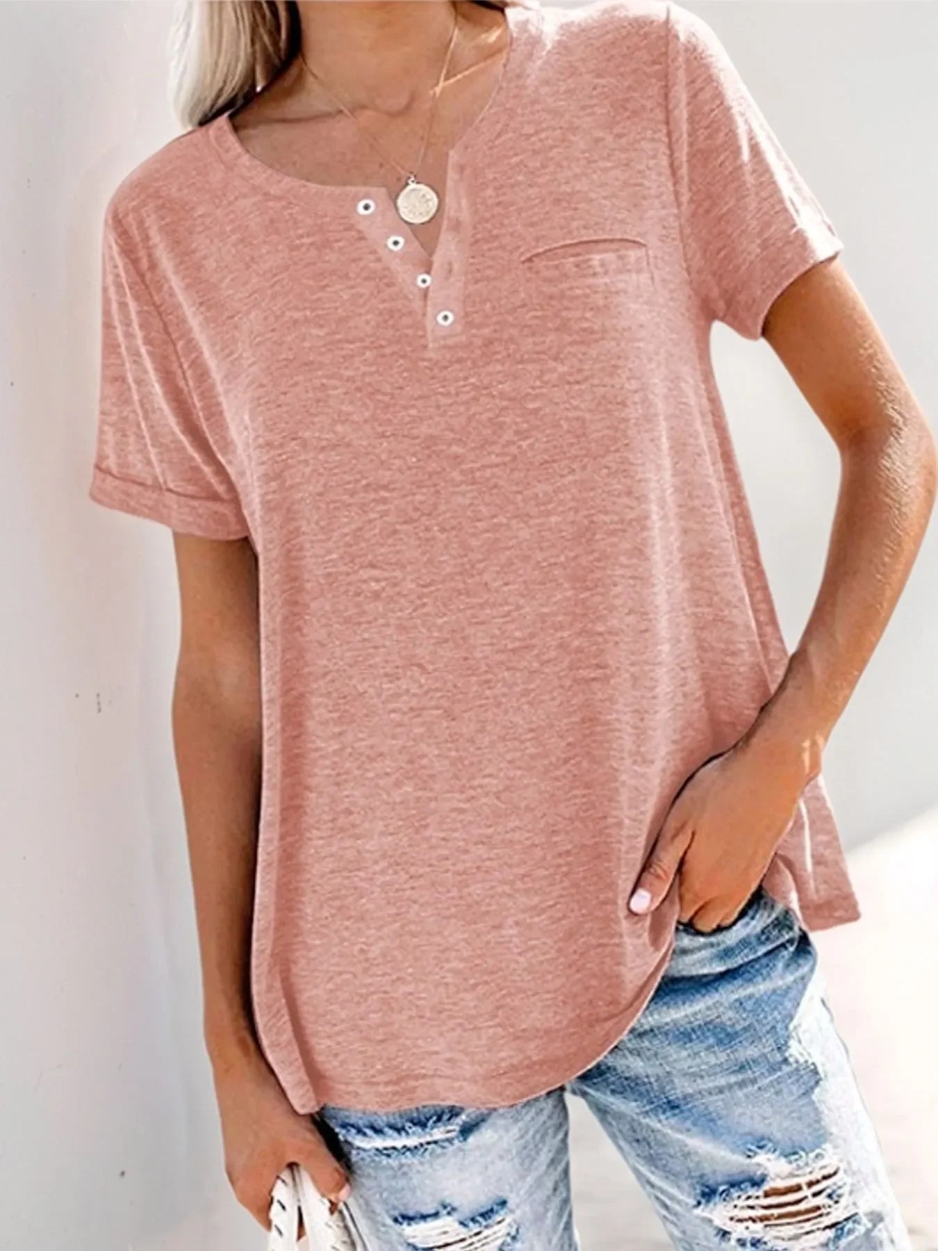 Plus Size Notched Short Sleeve T Shirt With Button Detail - Southern Shores Clothing