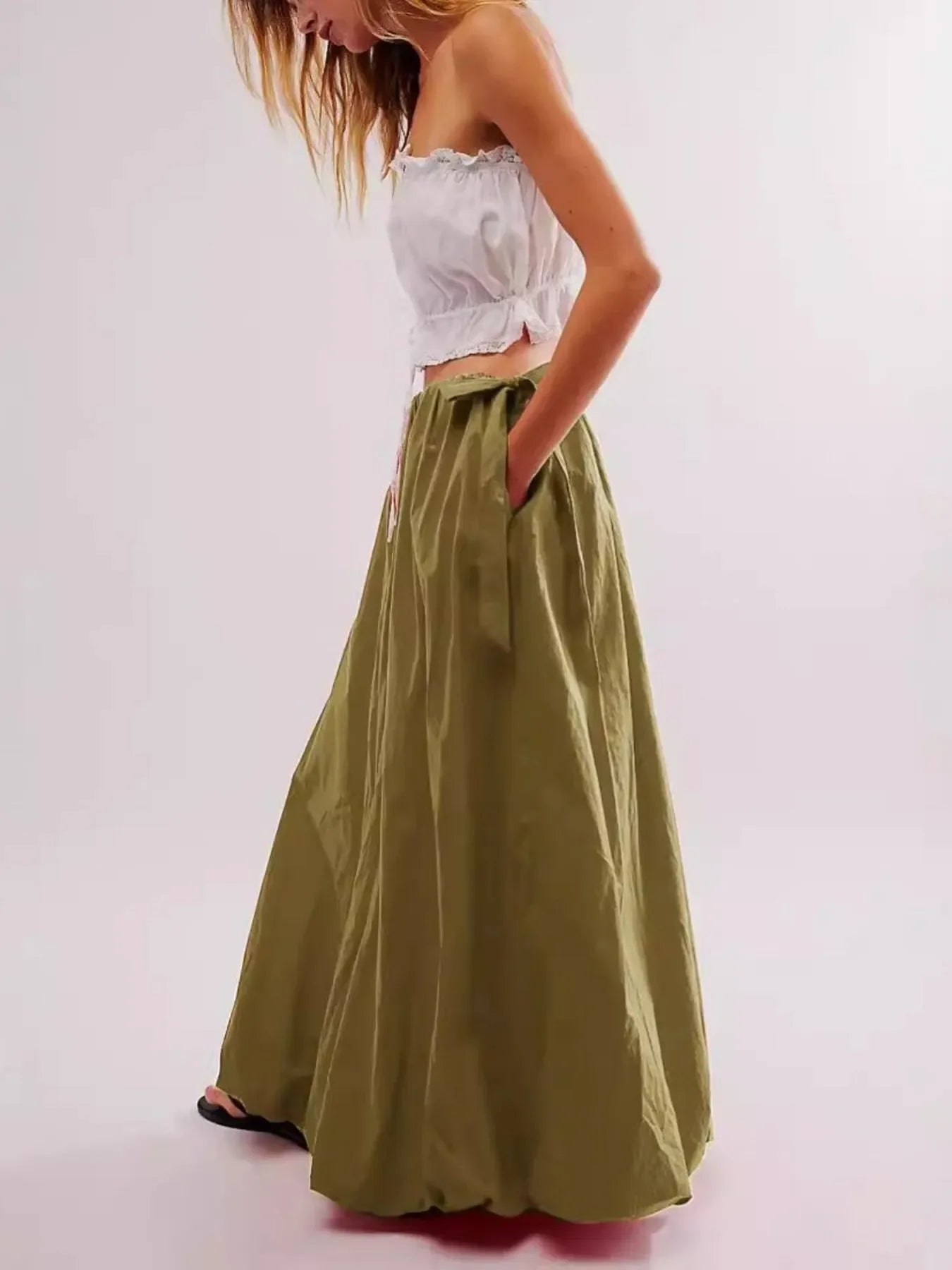 Drawstring Side Bow Maxi Skirt With Pockets - Southern Shores Clothing