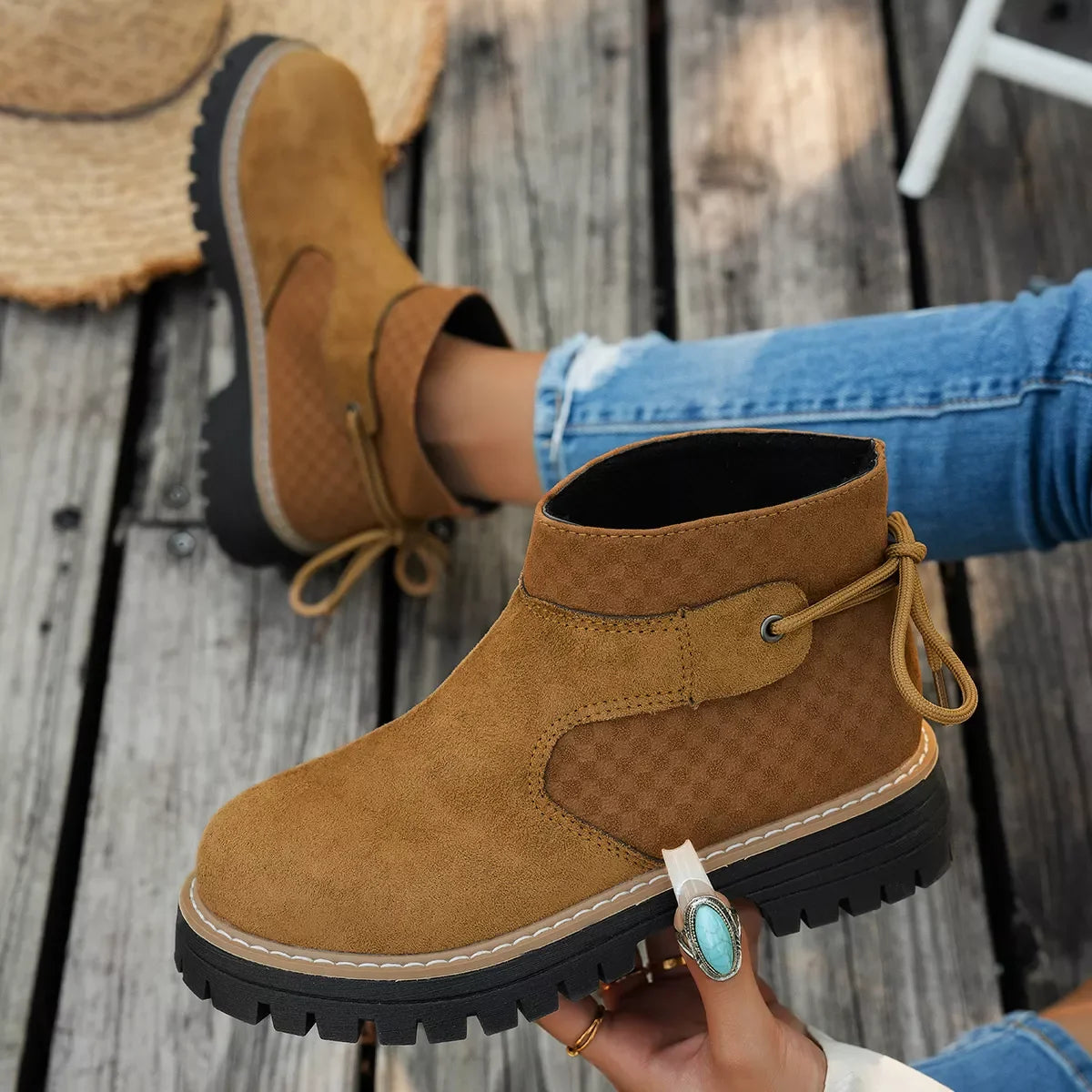 Round Toe Platform Boots Suede Rubber Mid Heel - Southern Shores Clothing