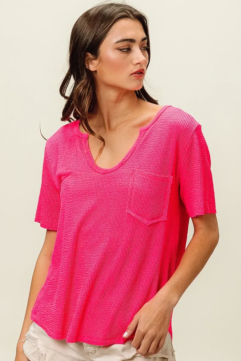 Waved Rib V Neck Top With Front Pocket Relaxed Fit - Southern Shores Clothing