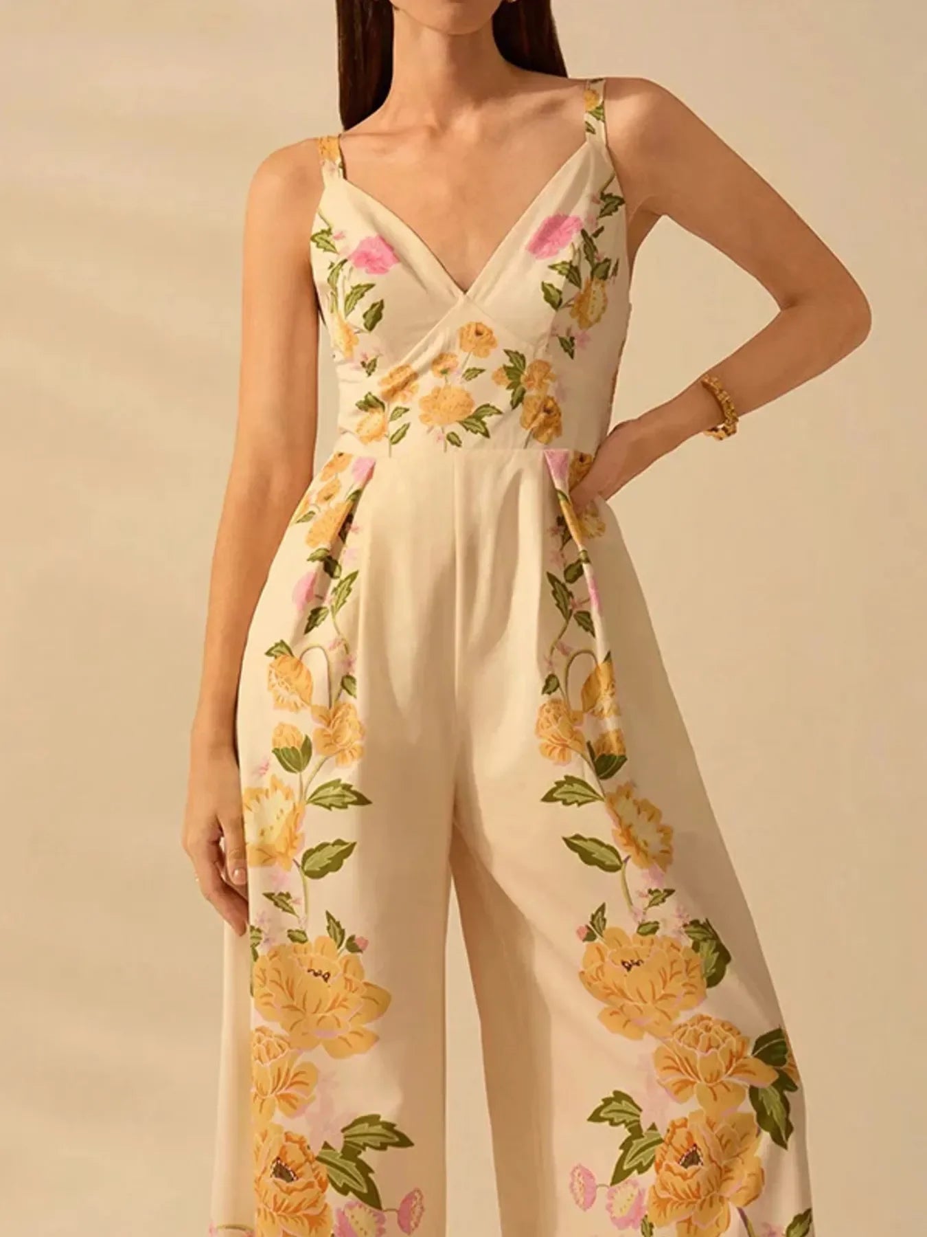 Floral Print Wide Leg V Neck Cami Jumpsuit - Southern Shores Clothing