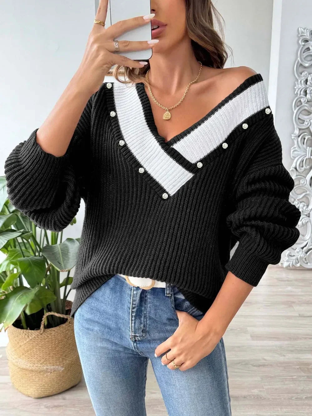 Contrast Trim Dropped Shoulder Long Sleeve Sweater - Southern Shores Clothing