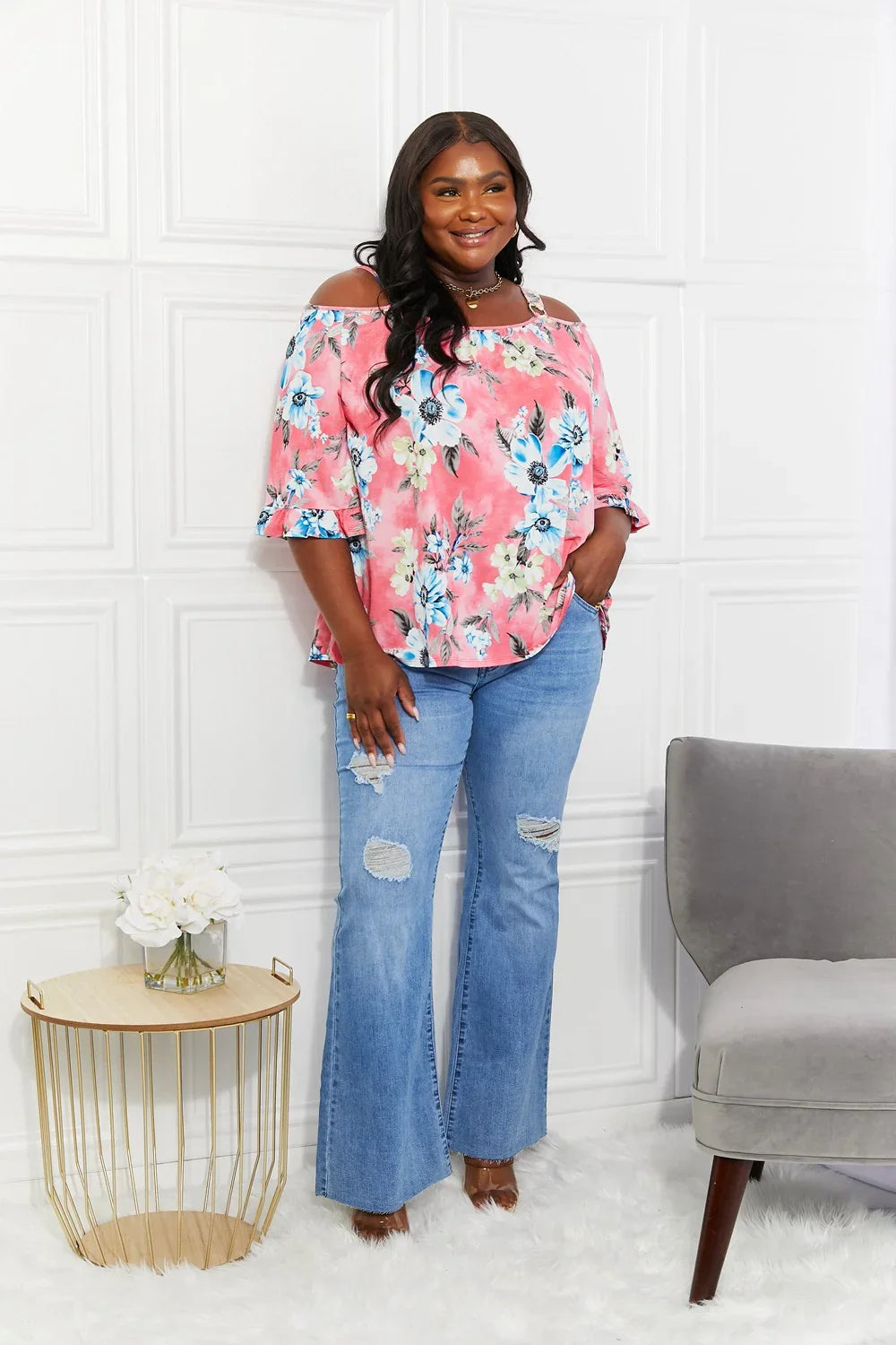 Floral Cold Shoulder Knit Top With Stretch - Southern Shores Clothing