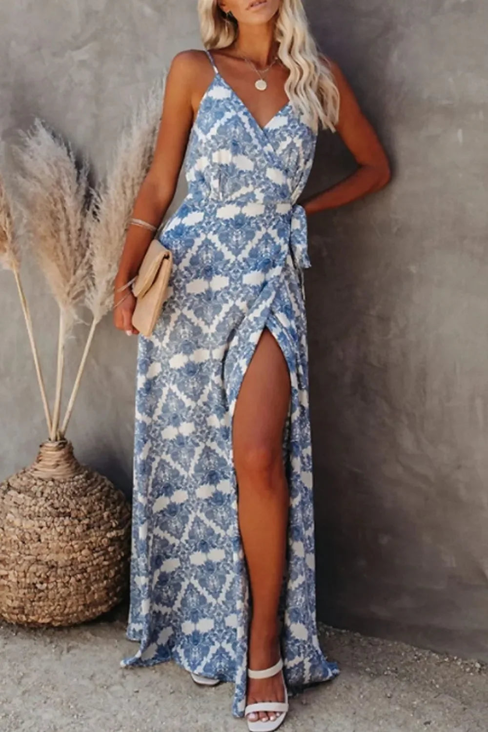 Versatile Printed Tied Maxi Camisole Dress With Side Slit Detail - Southern Shores Clothing