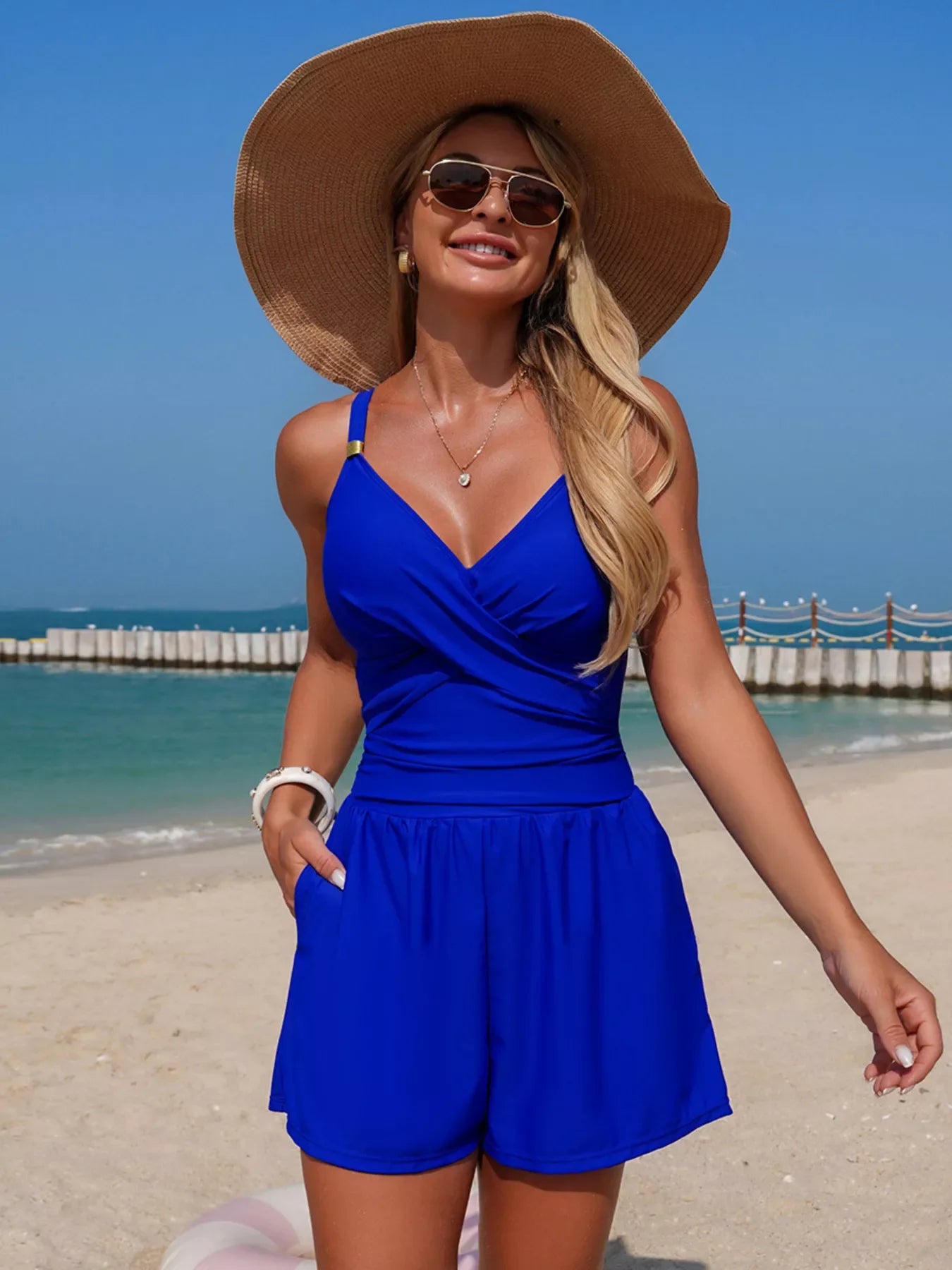 V-Neck Spaghetti Strap One-Piece Swimsuit With Stretch Fabric - Southern Shores Clothing