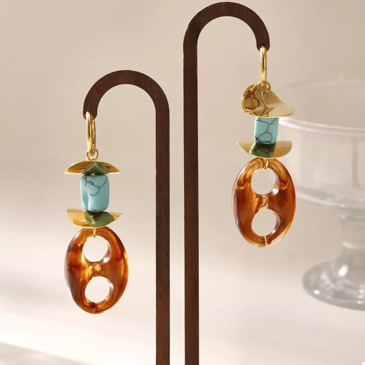 Geometric Drop Earrings With Turquoise In 18K Gold-Plated - Southern Shores Clothing