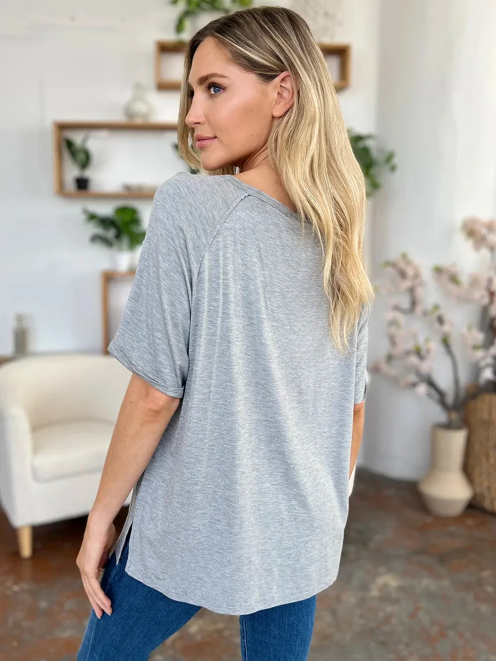 Basic Bae Full Size Bamboo Slit V-Neck Short Sleeve T-Shirt - Southern Shores Clothing