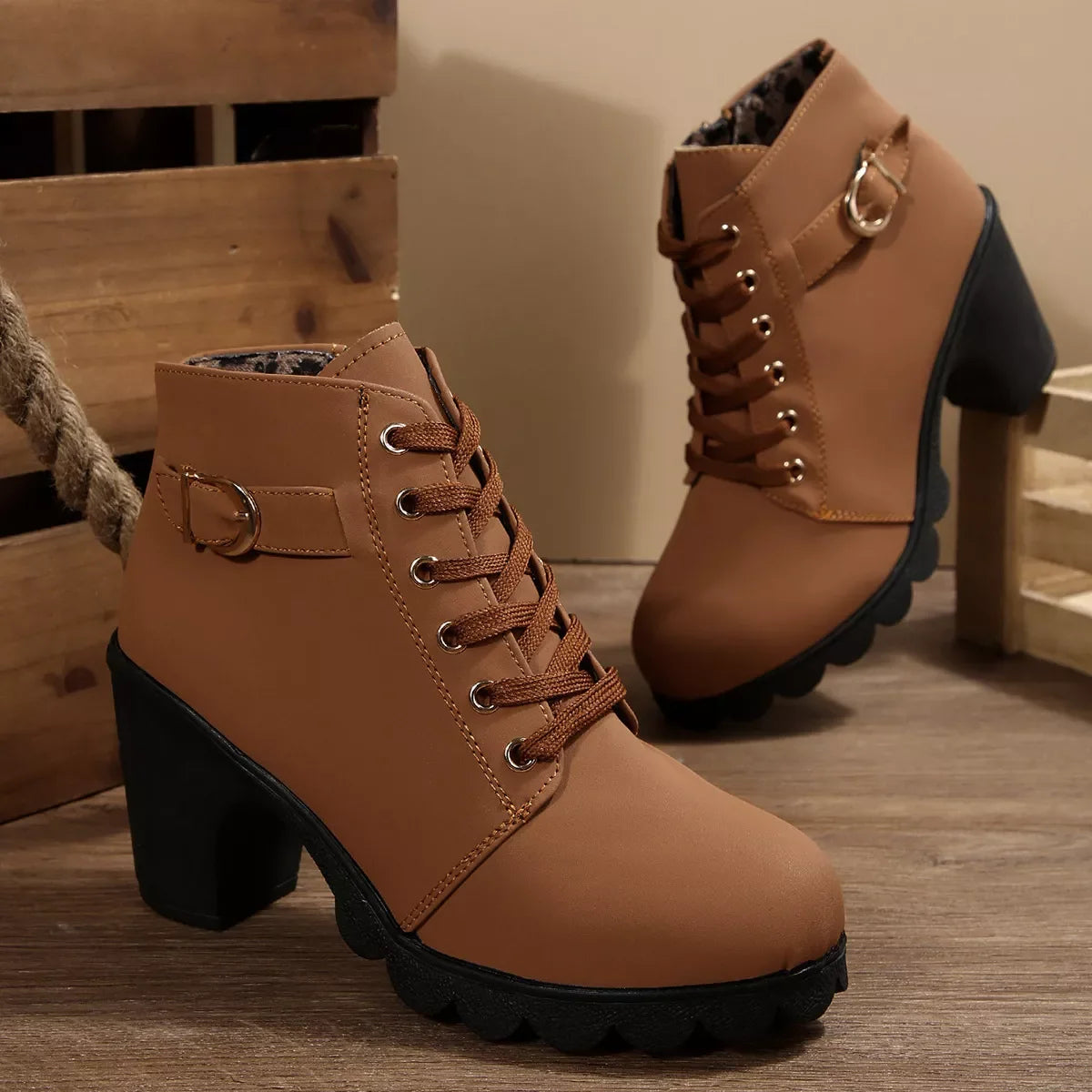 Lace Up Buckle Chunky Heel Ankle Boots Suede Rubber