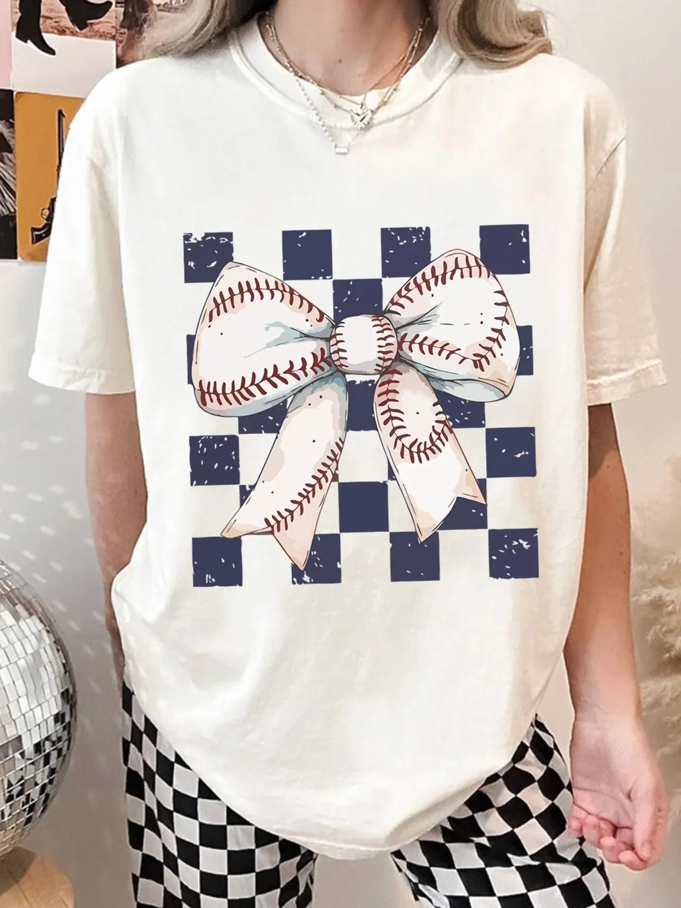 Checkered Bowknot Graphic Crew Neck T Shirt - Southern Shores Clothing