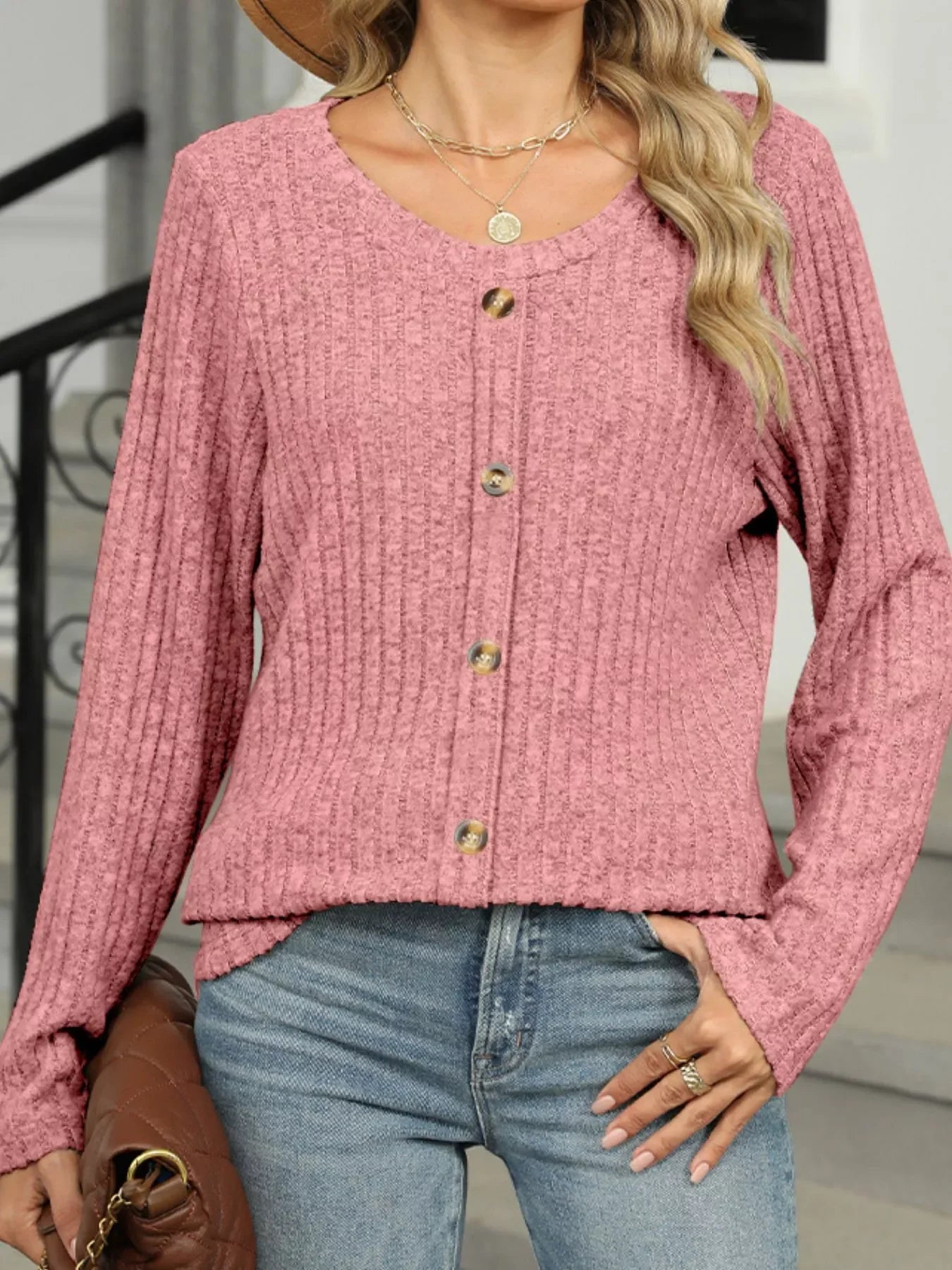 Ribbed Round Neck Long Sleeve Top - Southern Shores Clothing