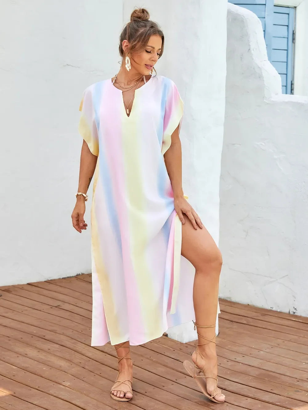 Striped Slit Notched Short Sleeve Cover Up One Size - Southern Shores Clothing
