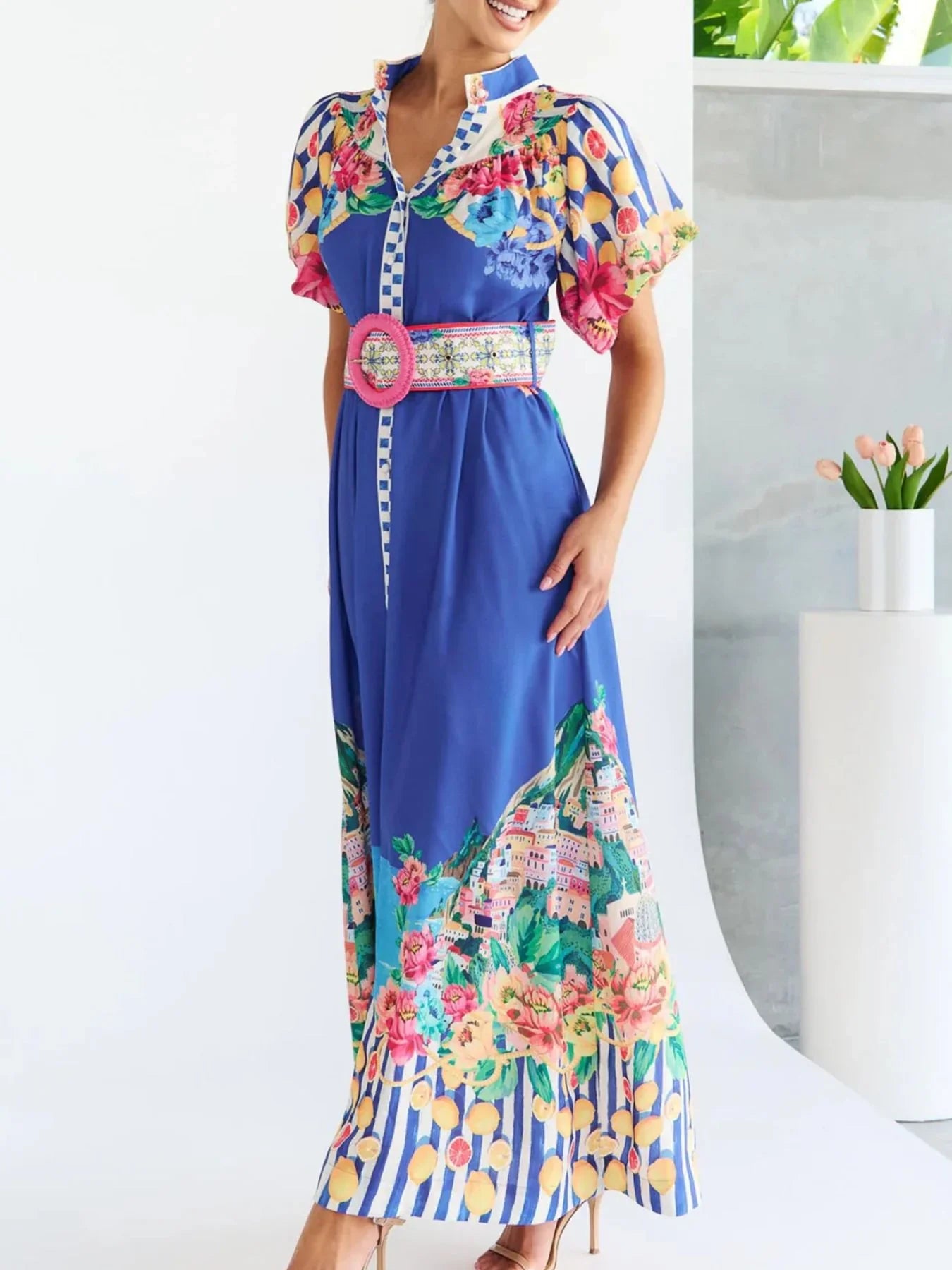 Printed Button Front Puff Sleeve Maxi Dress - Southern Shores Clothing