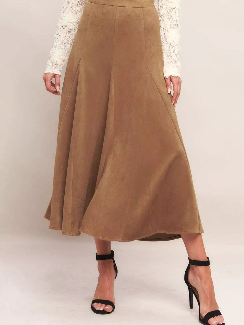 Women's Coastal Camel Brown Flowy A-Line Midi Skirt