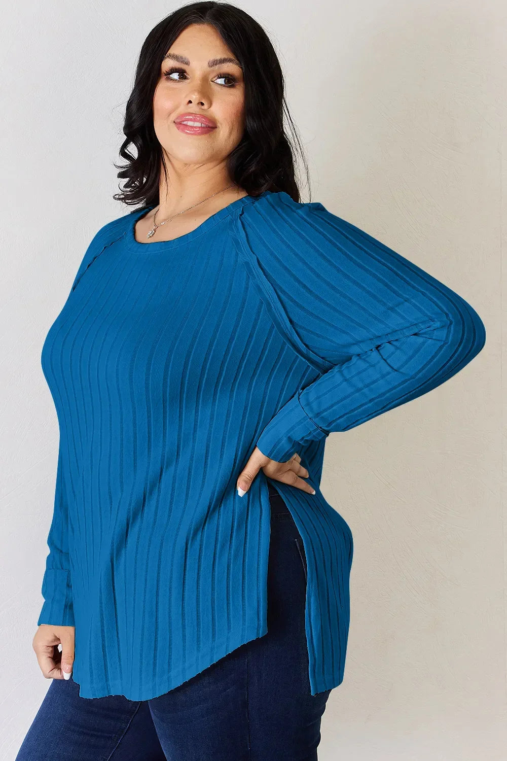 Ribbed Round Neck Slit T Shirt With Stretch - Southern Shores Clothing