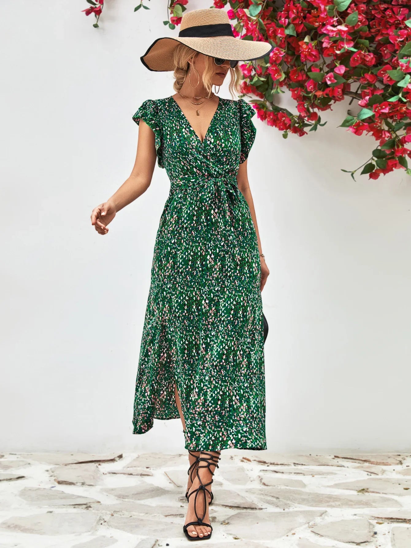 Printed Surplice Neck Flutter Sleeve Slit Dress - Southern Shores Clothing