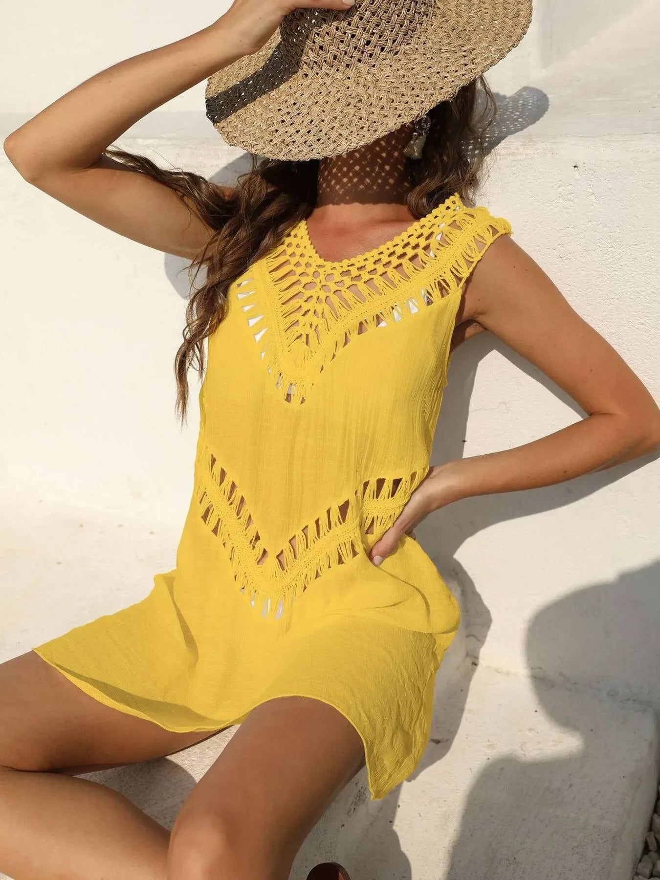 Crochet Detail Beach Cover Up Dress One Size - Southern Shores Clothing